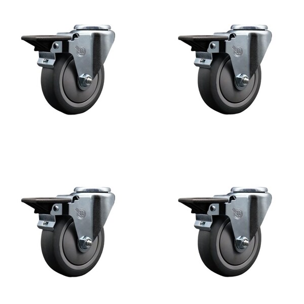 Service Caster 4'' Thermo Rubber Wheel Swivel Bolt Hole Caster Set with Posi Lock Brakes, 4PK SCC-BH20S414-TPRB-PLB-4 - main